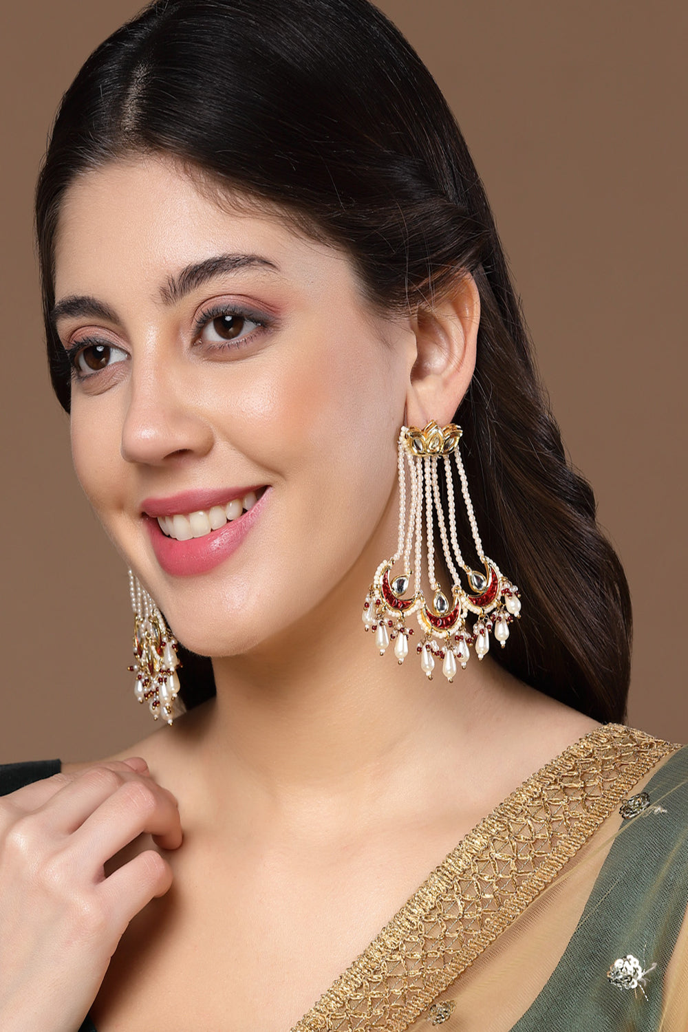 Red & White Drop Earring with Kundan &  Pearls