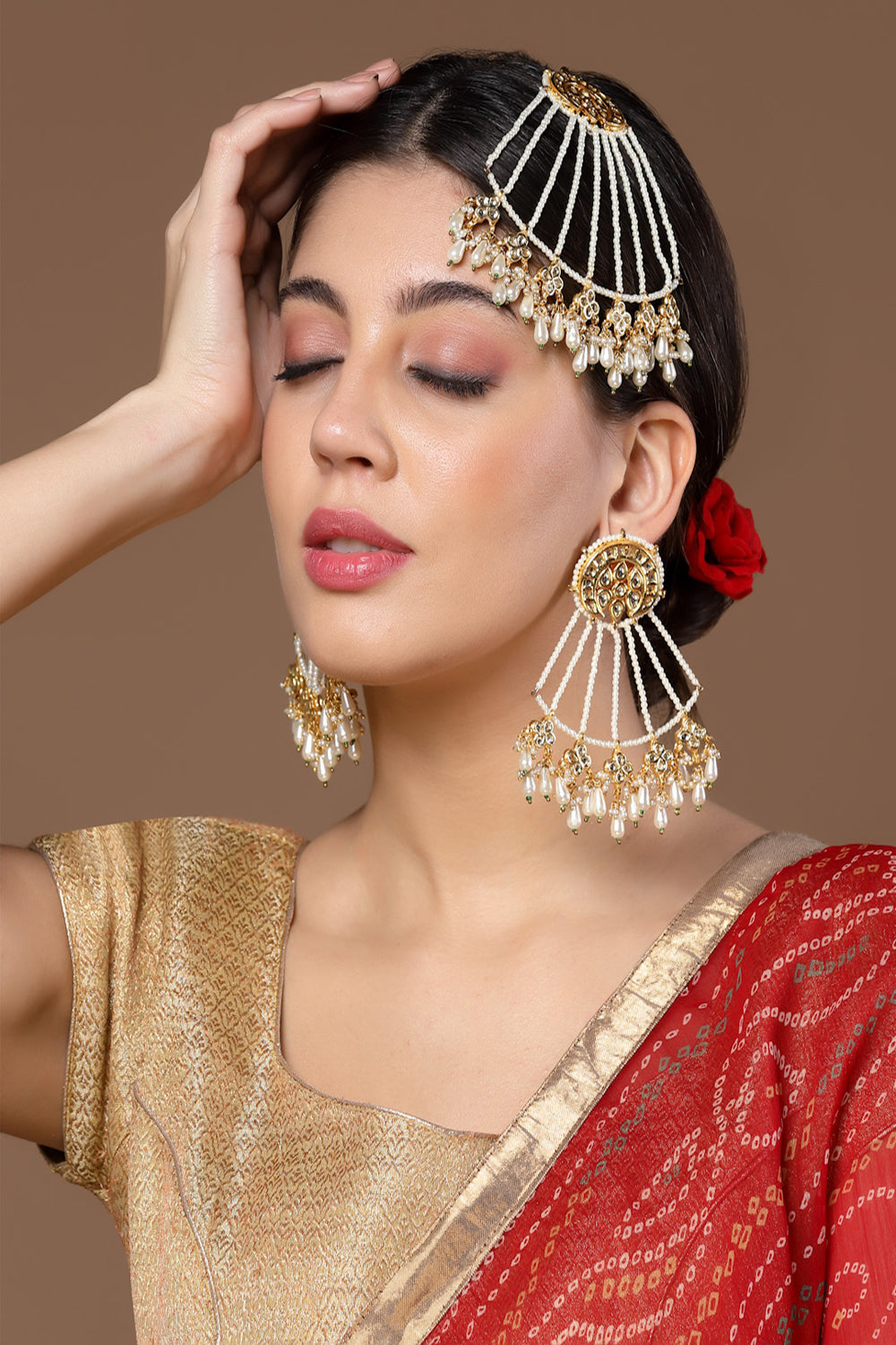 Gold & Cream Drop Earring with Kundan &  Pearls