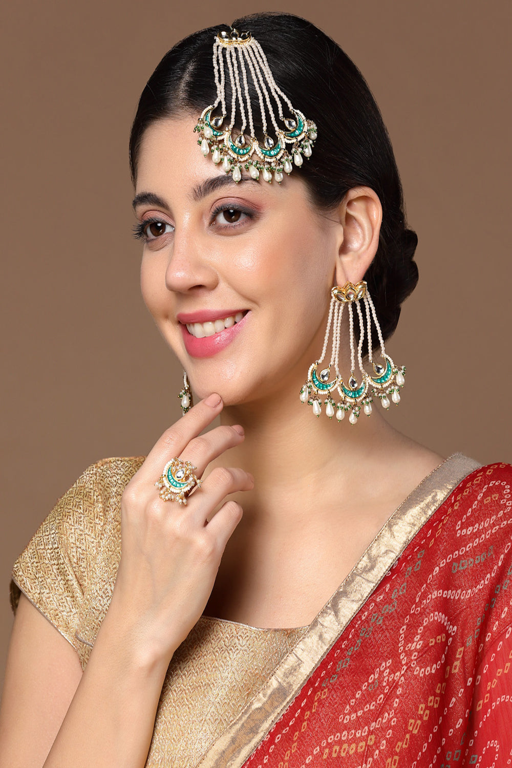 Green & Cream Drop Earring with Kundan &  Pearls