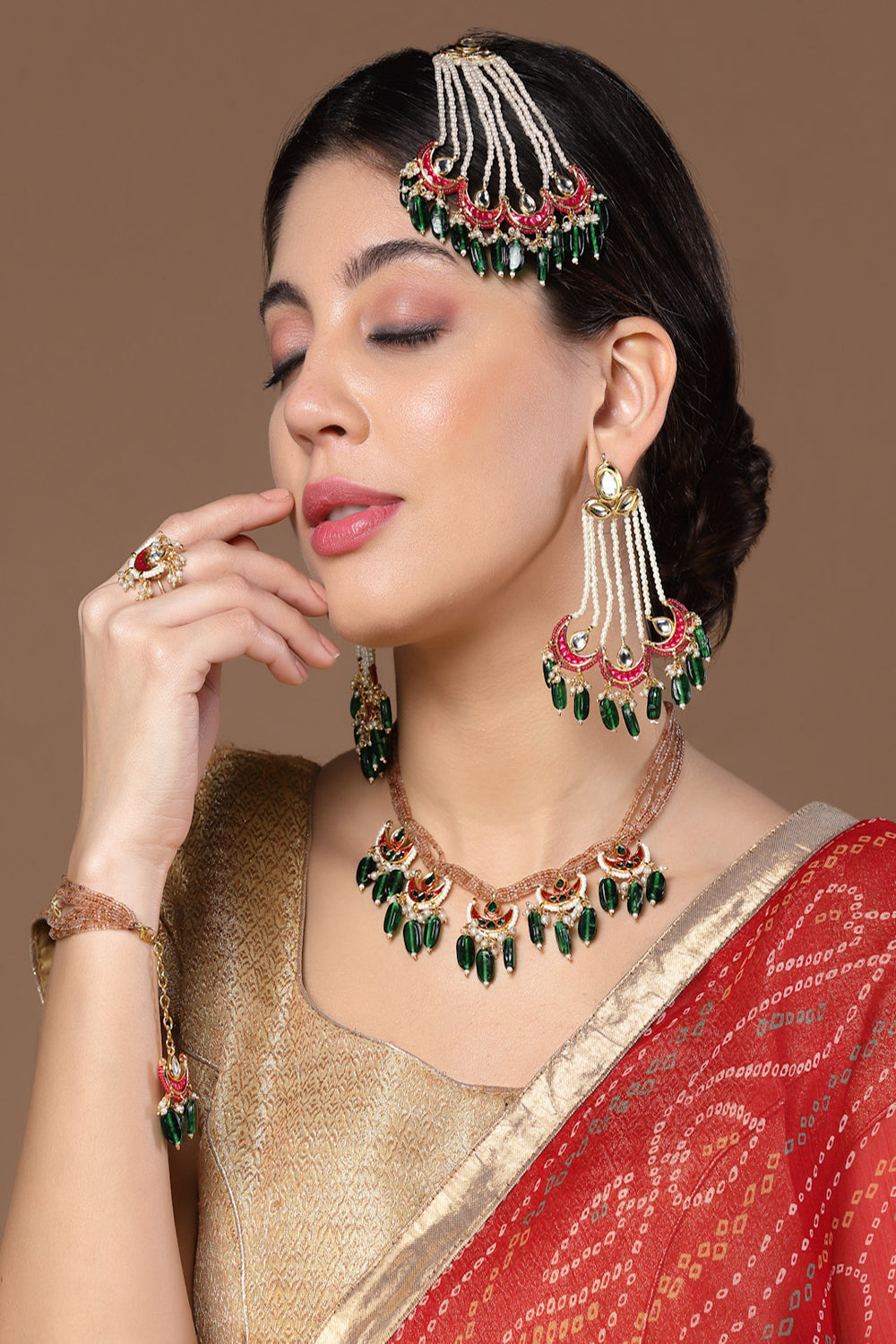 Pink & Green Drop Earring with Kundan &  Pearls