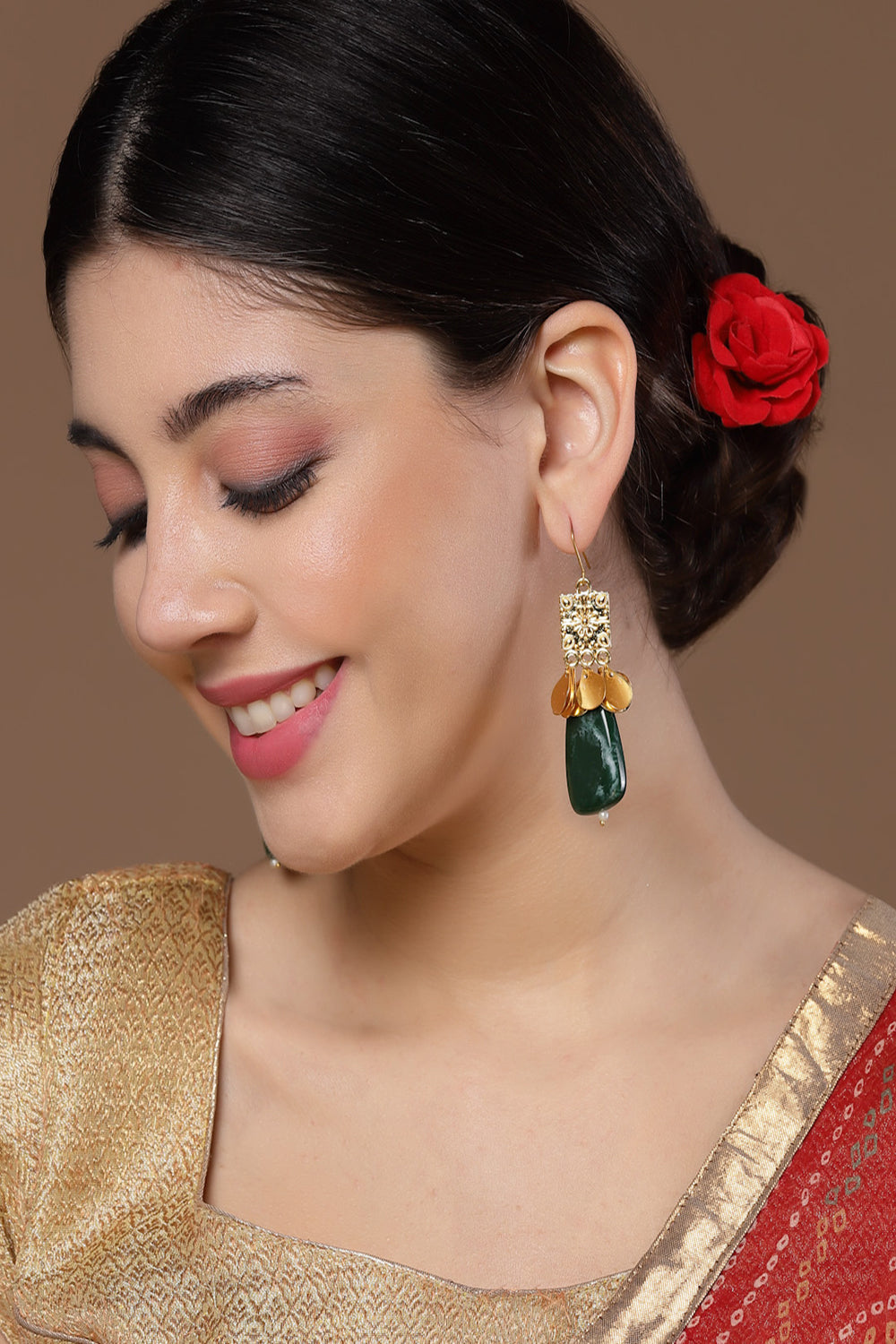 Green & Gold Drop Earring with Pearls &  Natural Stones