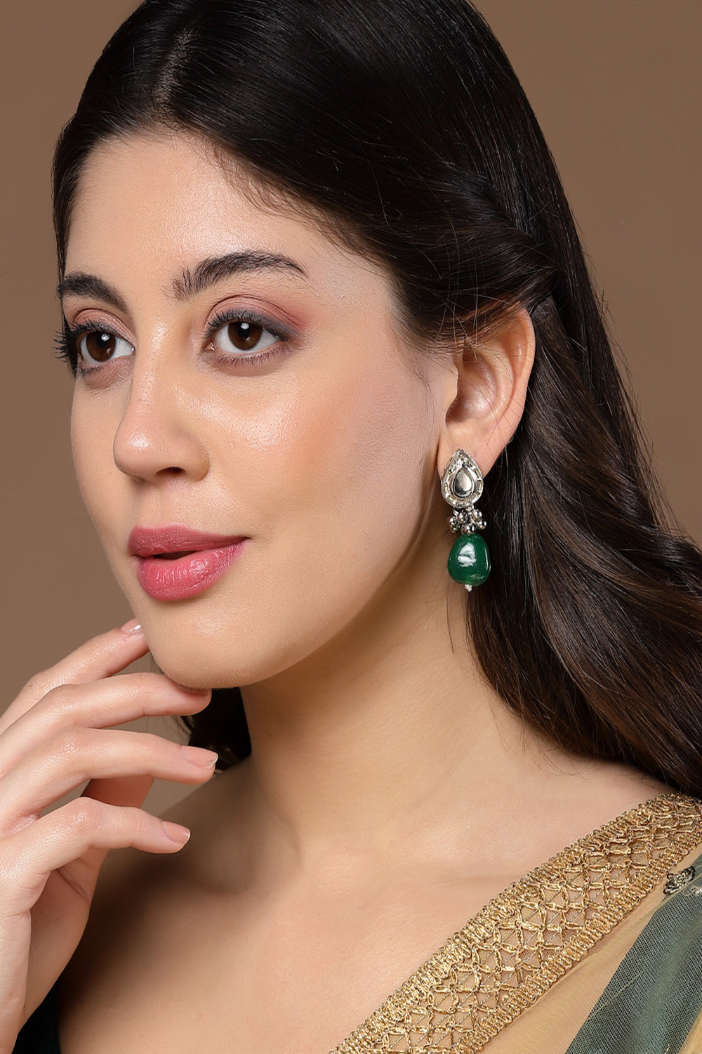 Green & Silver Drop Earring with Kundan &  Pearls