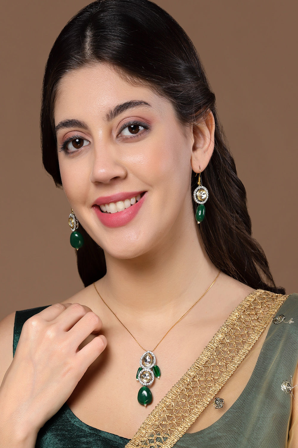 Green & Gold Drop Earring with Kundan &  American Diamonds