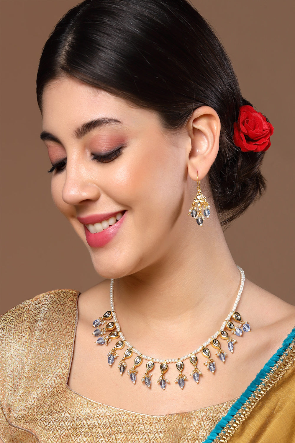 Blue & Cream Drop Earring with Kundan &  Pearls