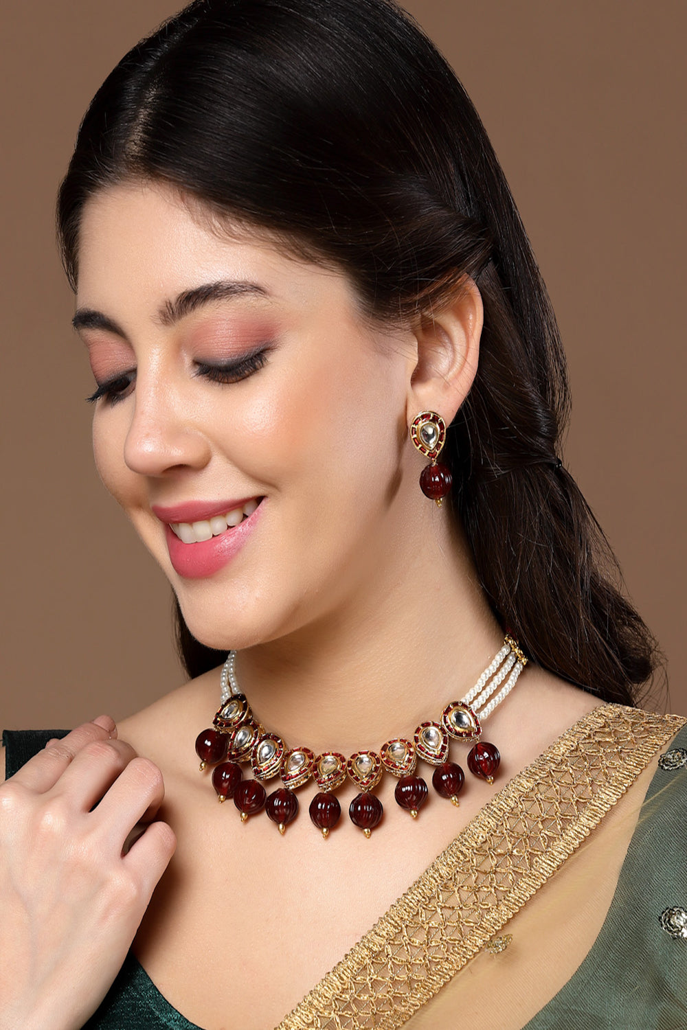 Red & Maroon Drop Earring with Kundan &  Natural Stones