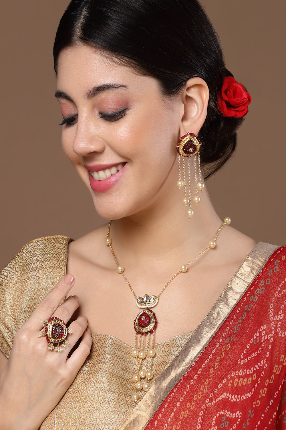 Maroon & Cream Drop Earring with Kundan &  Pearls