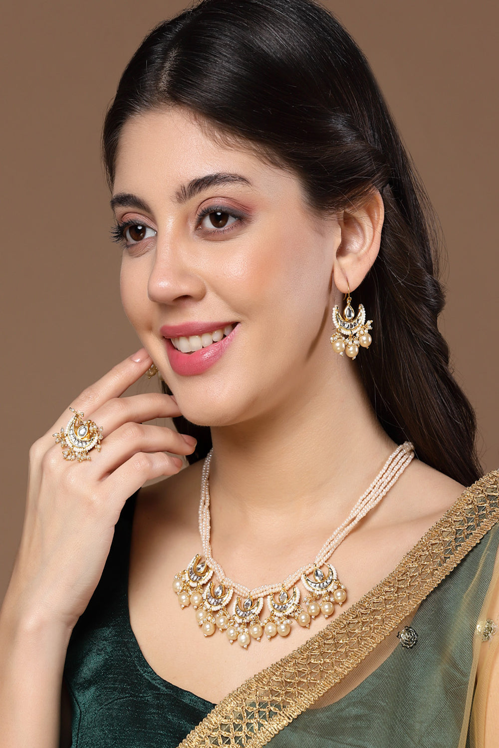 Cream & Gold Drop Earring with Kundan &  Pearls