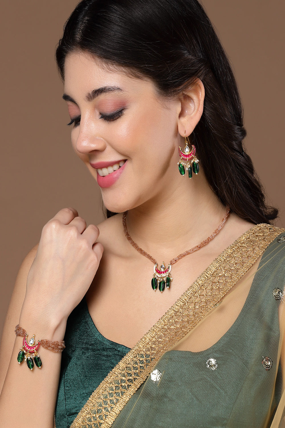 Pink & Green Drop Earring with Kundan &  Pearls