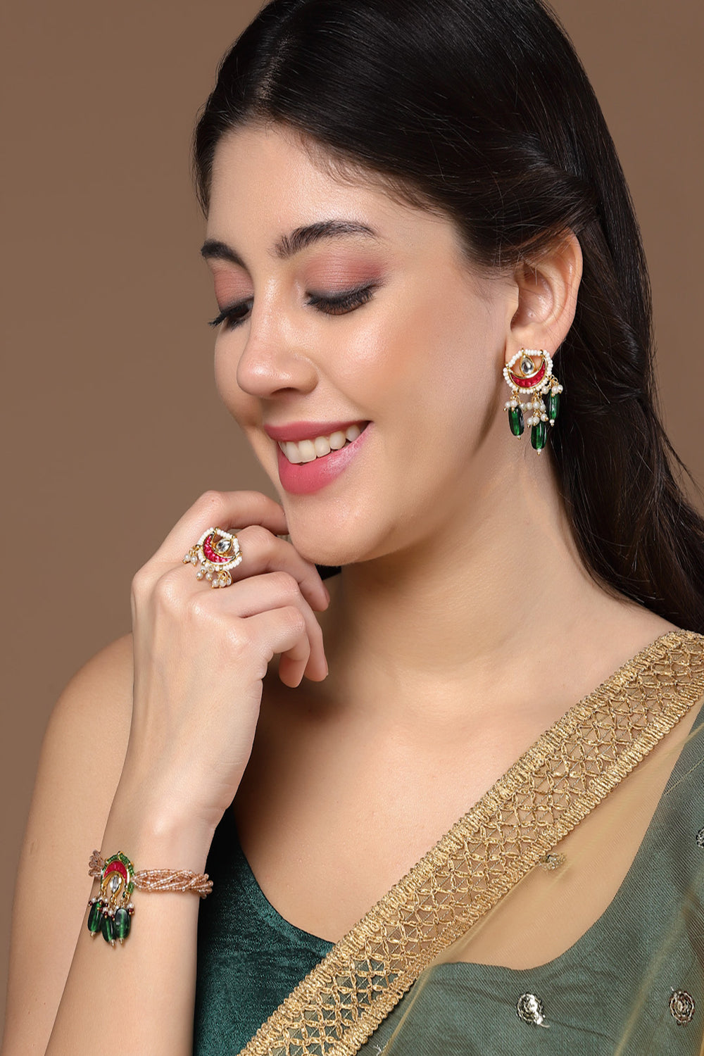 Pink & Green Drop Earring with Kundan &  Natural Stones