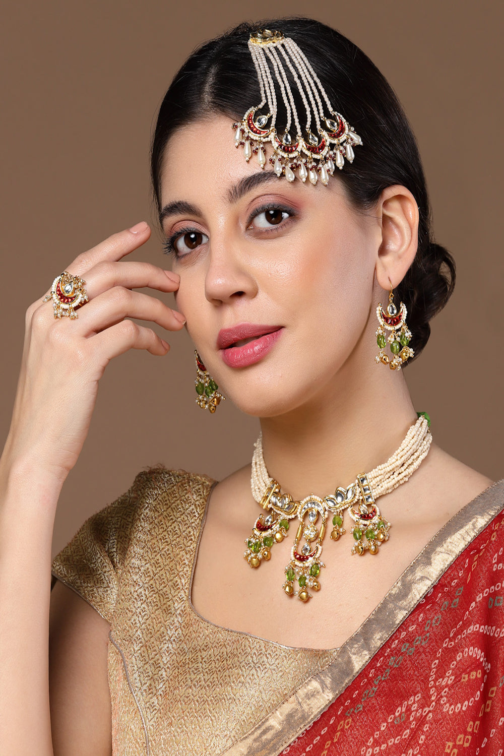 Red & Green Drop Earring with Kundan &  Pearls