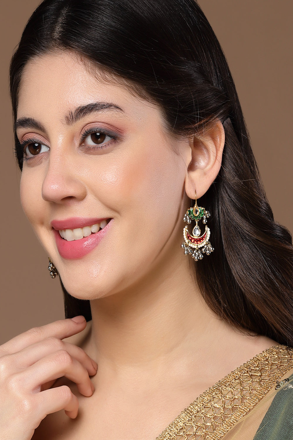 Red & Green Drop Earring with Kundan &  Pearls