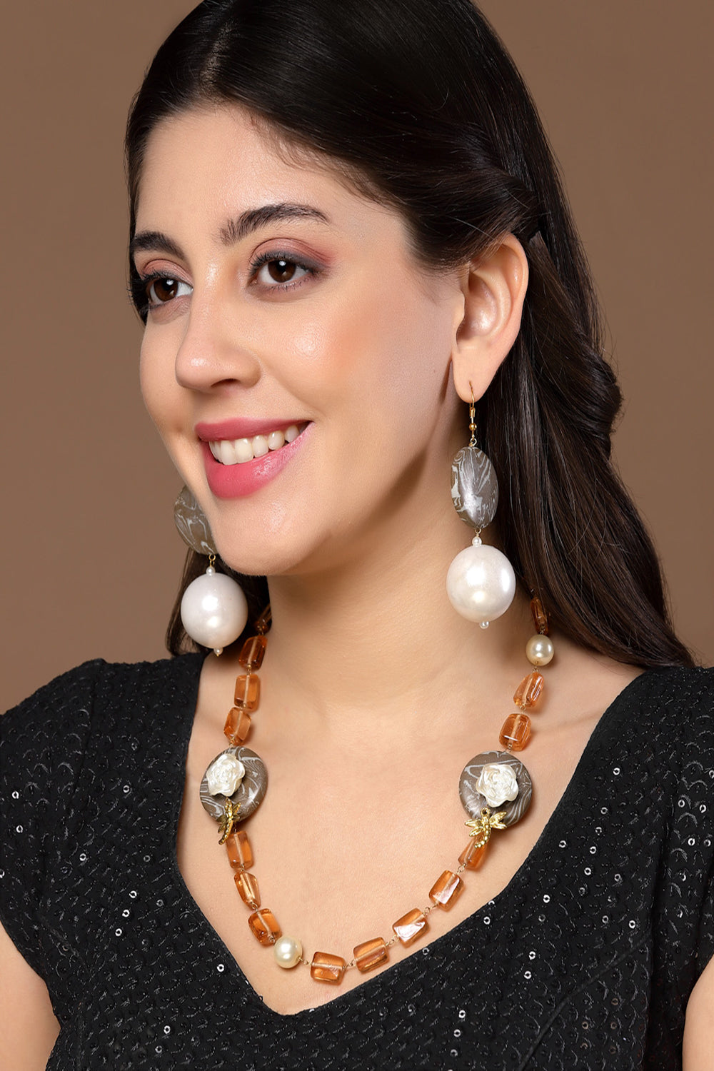 Brown & Cream Drop Earring with Pearls &  Natural Stones