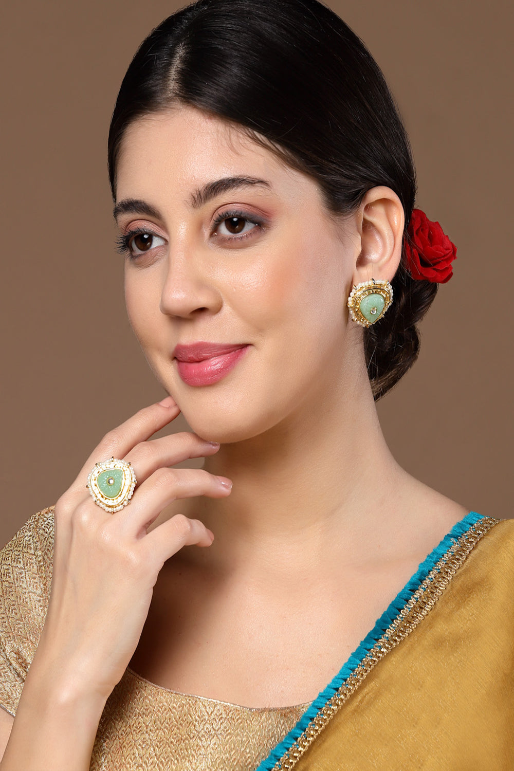 Green & Cream Stud Earring with Kundan &  Pearls