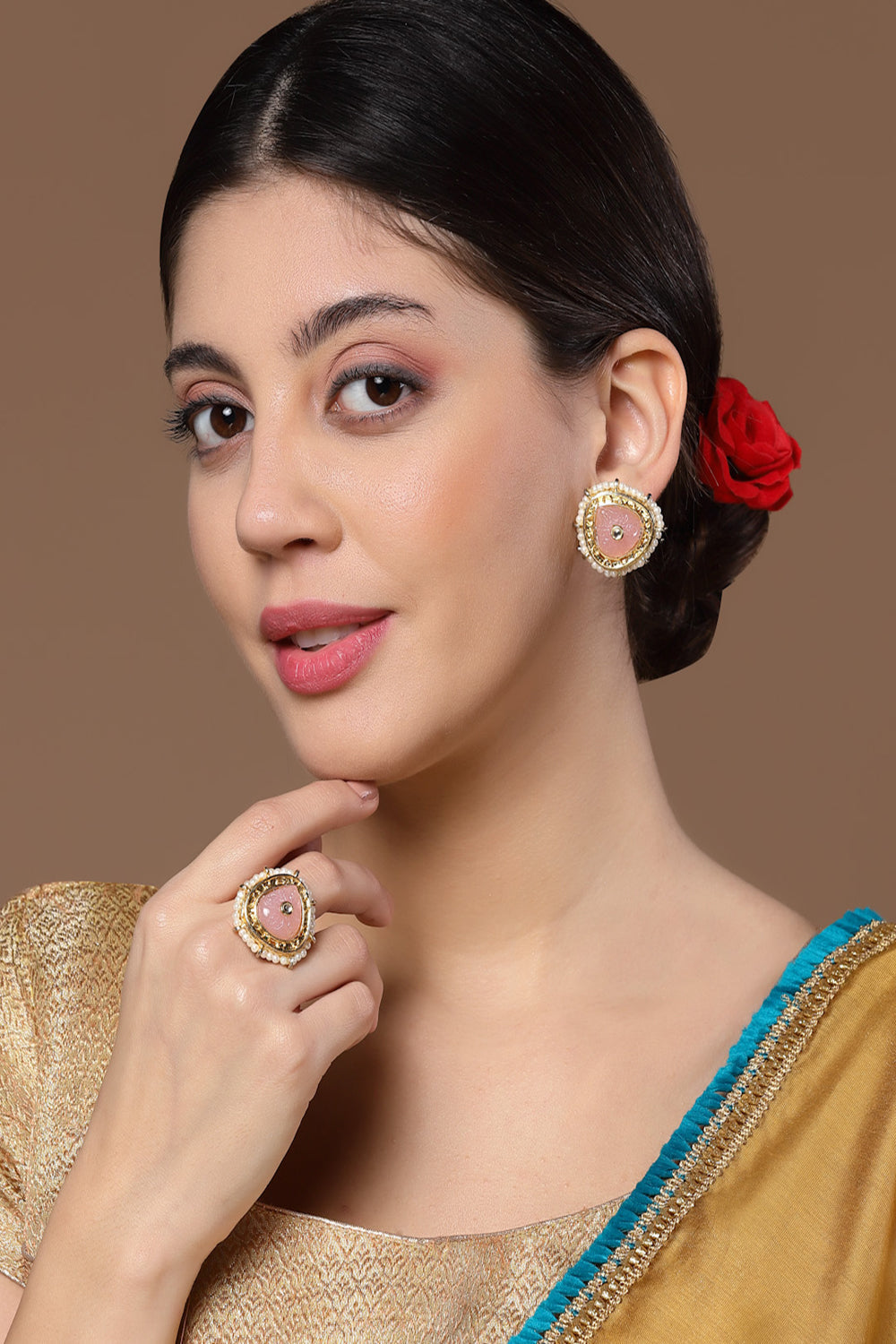 Pink & Cream Stud Earring with Kundan &  Pearls