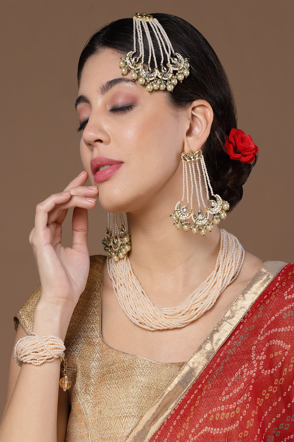 Cream & Green Passa Head Jewellery with Kundan &  Pearls