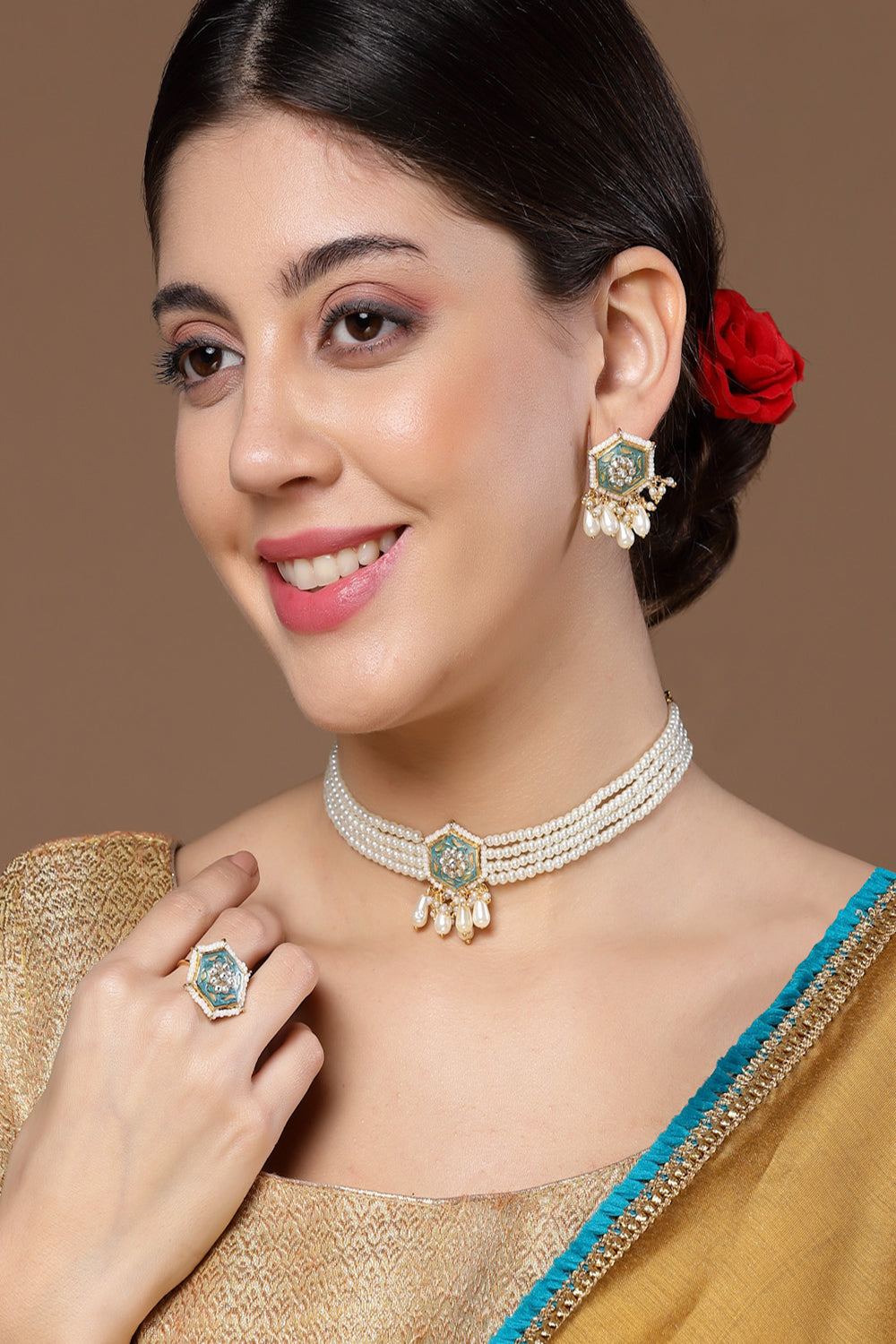 Blue & Green Chokar with Earring Jewellery Set with Kundan &  American Diamonds