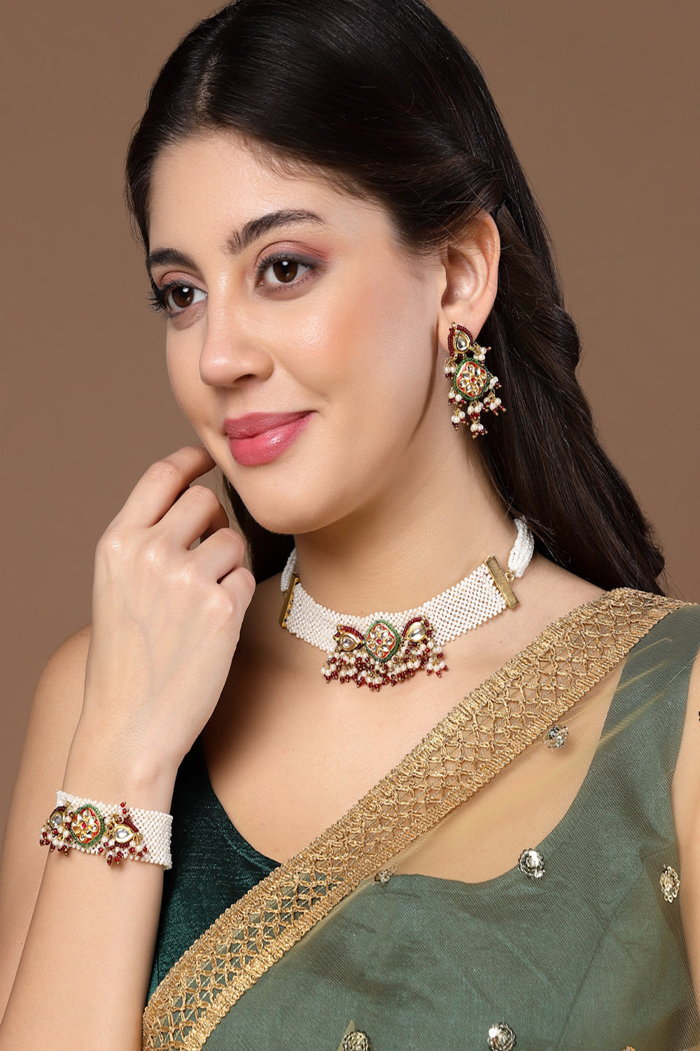 Red & Green Chokar with Earring Jewellery Set with Kundan &  Pearls