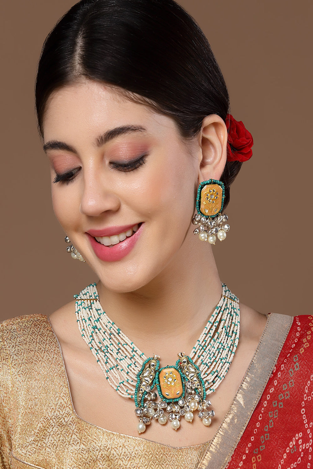 Green & Orange Haar Necklace with Earring Jewellery Set with Kundan &  Pearls