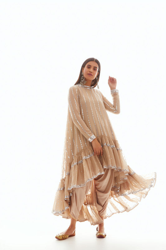 Image of Beige High Low Kurta Set