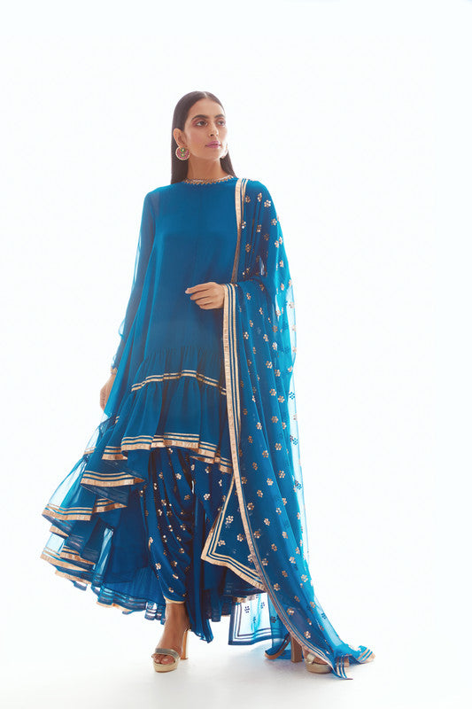 Image of Peacock Blue High Low Kurta Set