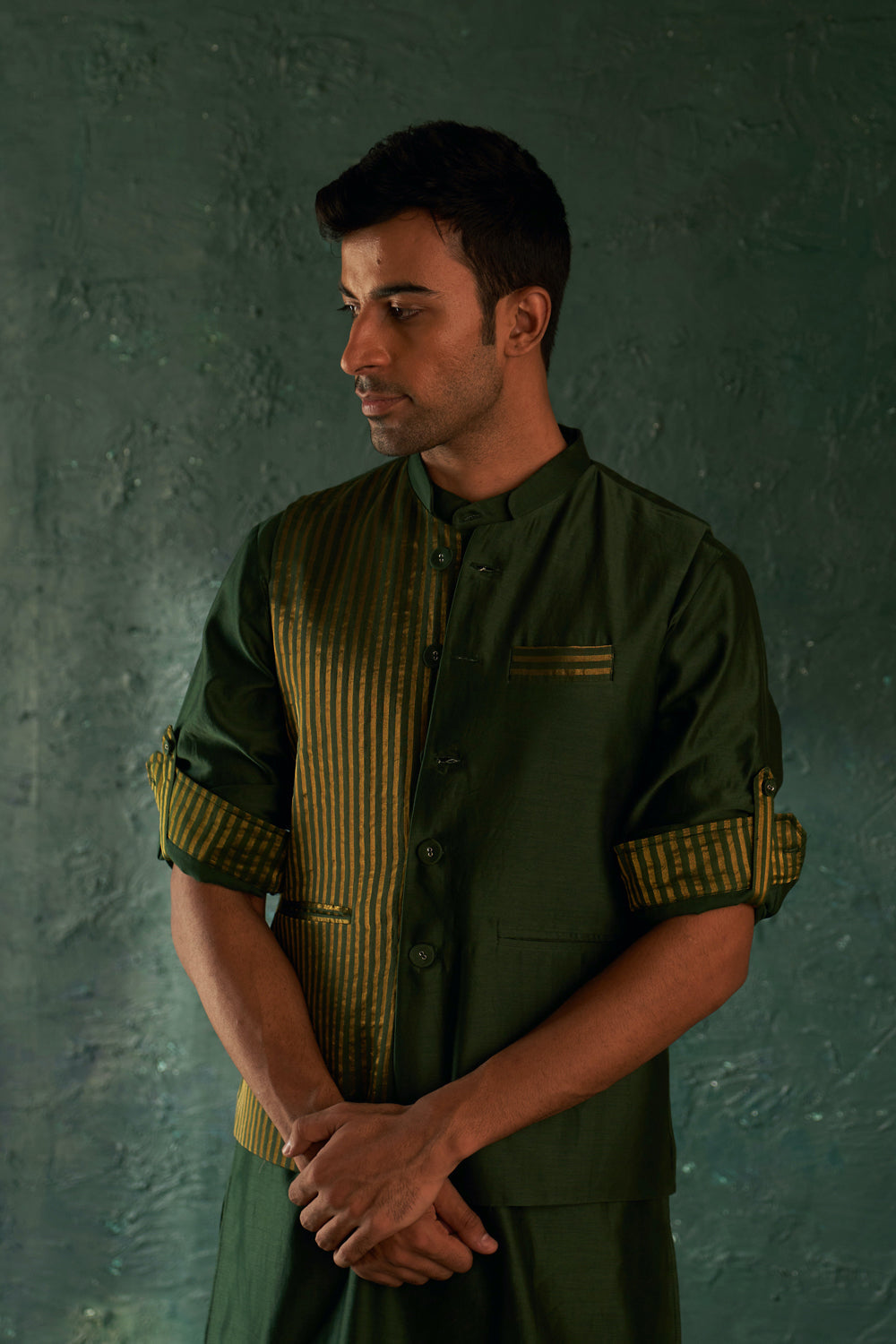 Midas Deep Green Tissue Stripe Nehru Jacket - Set Of 1