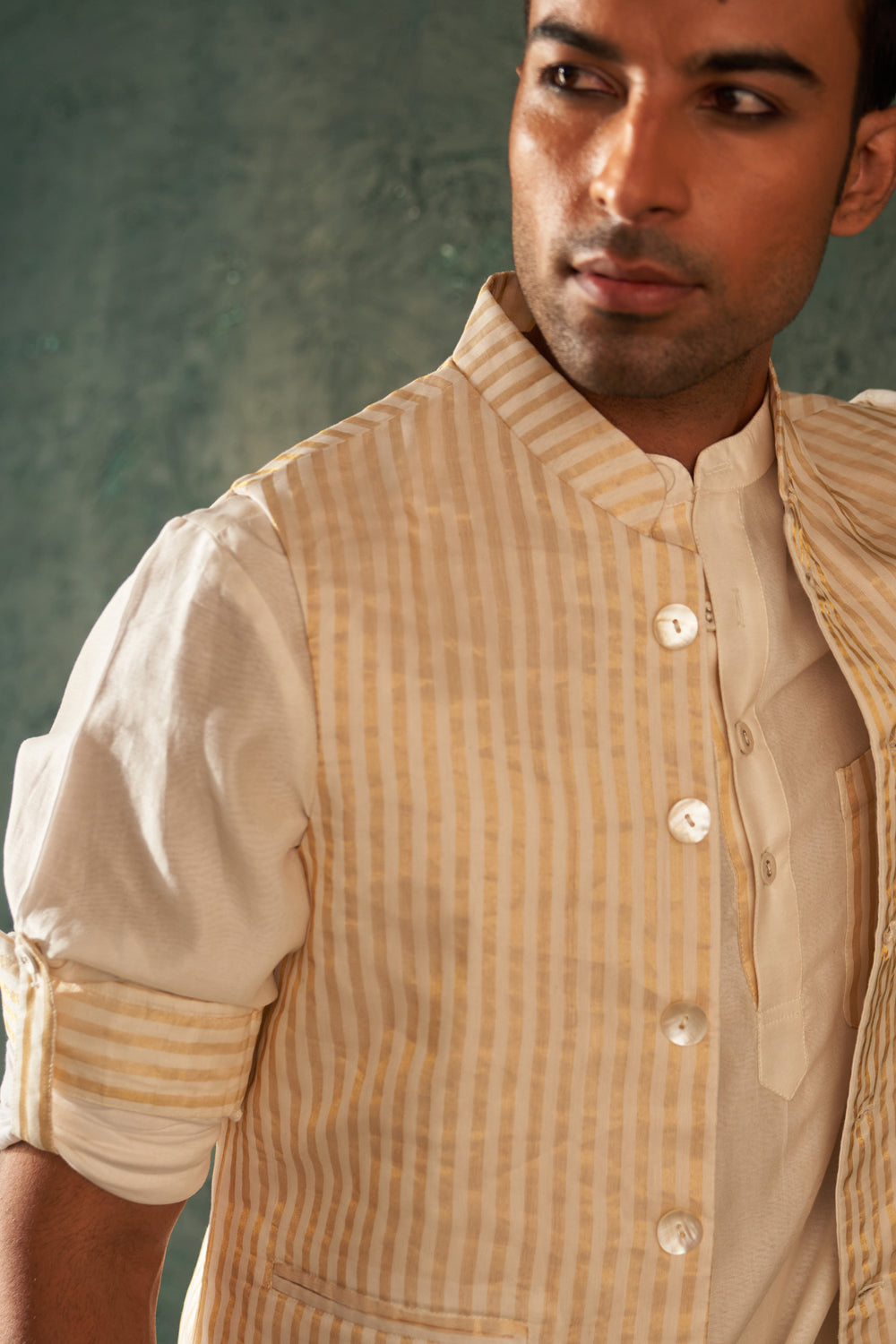 Midas Ivory Tissue Stripe Nehru Jacket - Set Of 1