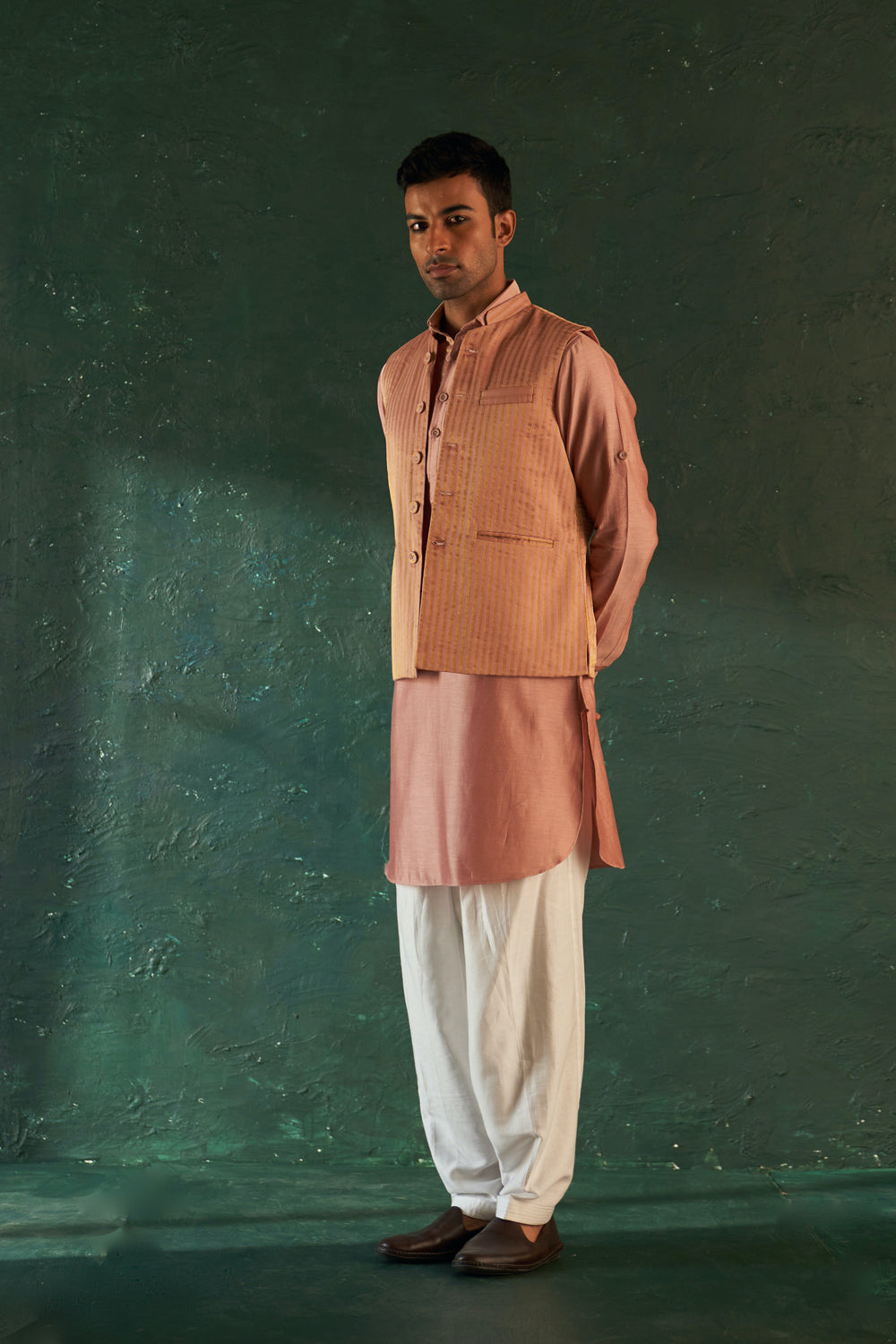 Men'S Rose Pink Pathani Kurta Set With Jacket- Set Of 3