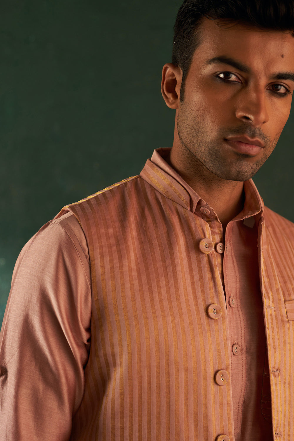 Men'S Rose Pink Pathani Kurta Set With Jacket- Set Of 3