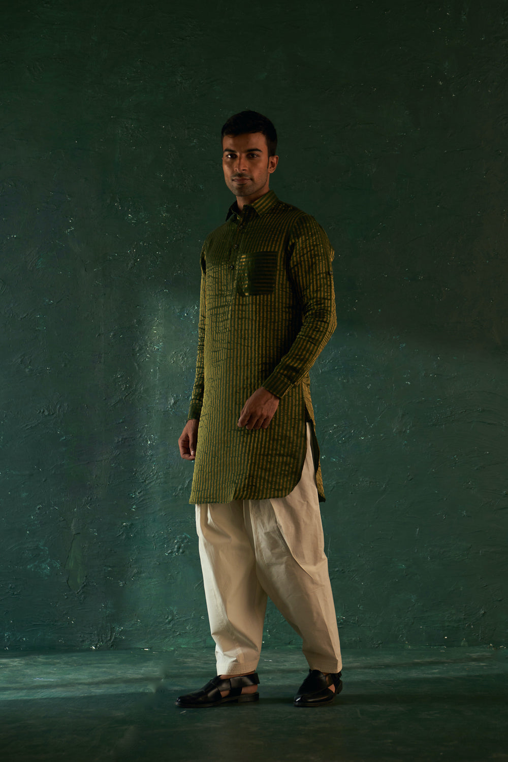 Midas Deep Green Tissue Stripe Pathani Kurta With Salwar- Set Of 2