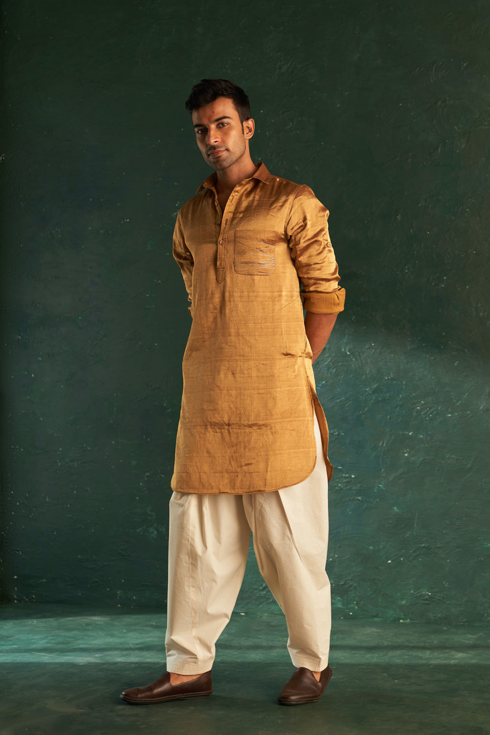 Midas Gold Tissue Pathani Kurta With Salwar- Set Of 2