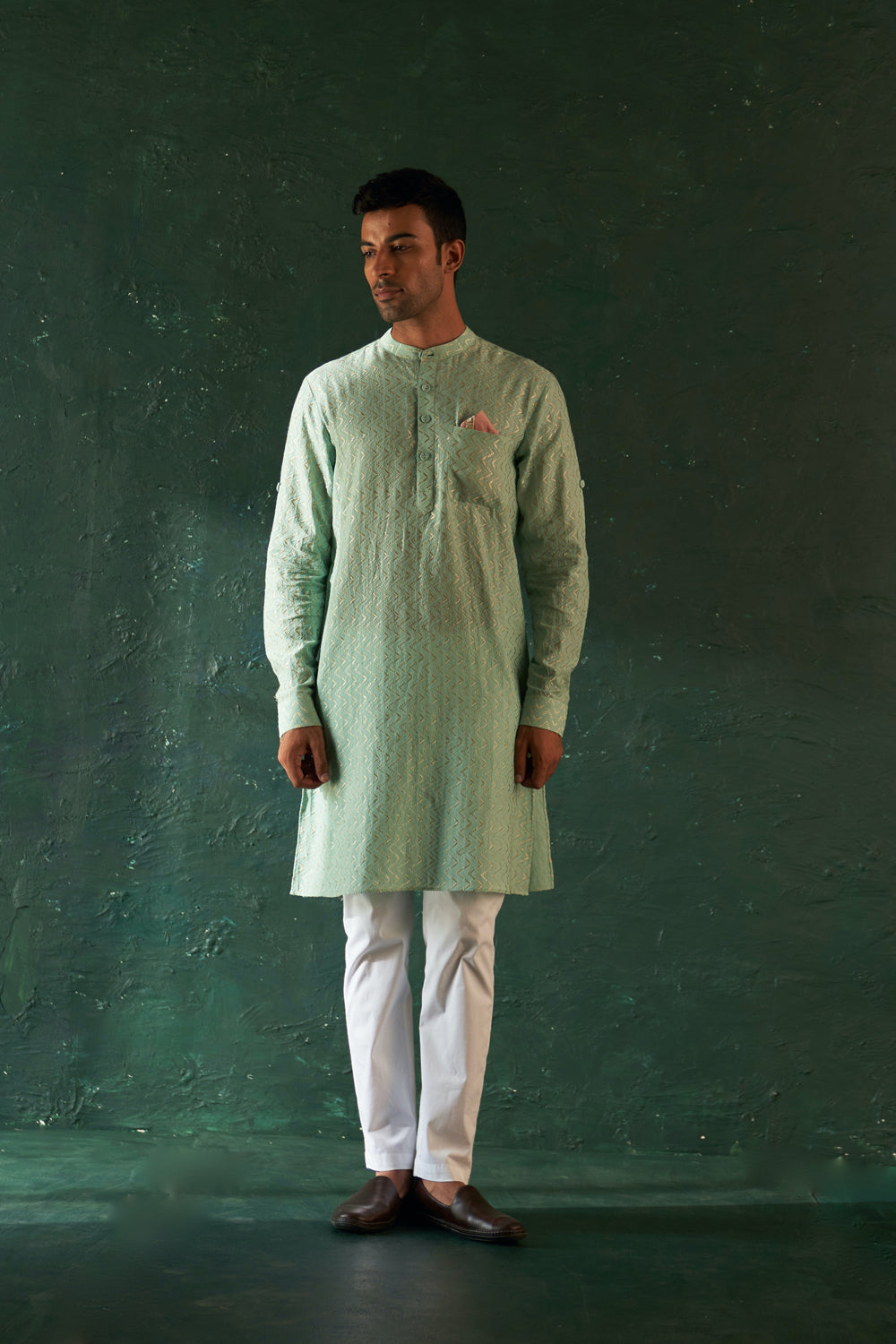 Midas Aqua Green Chevron Embroidered Kurta With Pant- Set Of 2