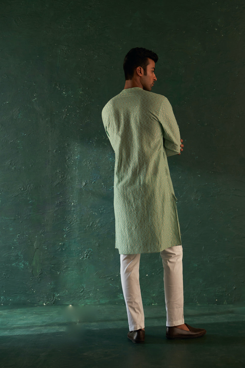 Midas Aqua Green Chevron Embroidered Kurta With Pant- Set Of 2