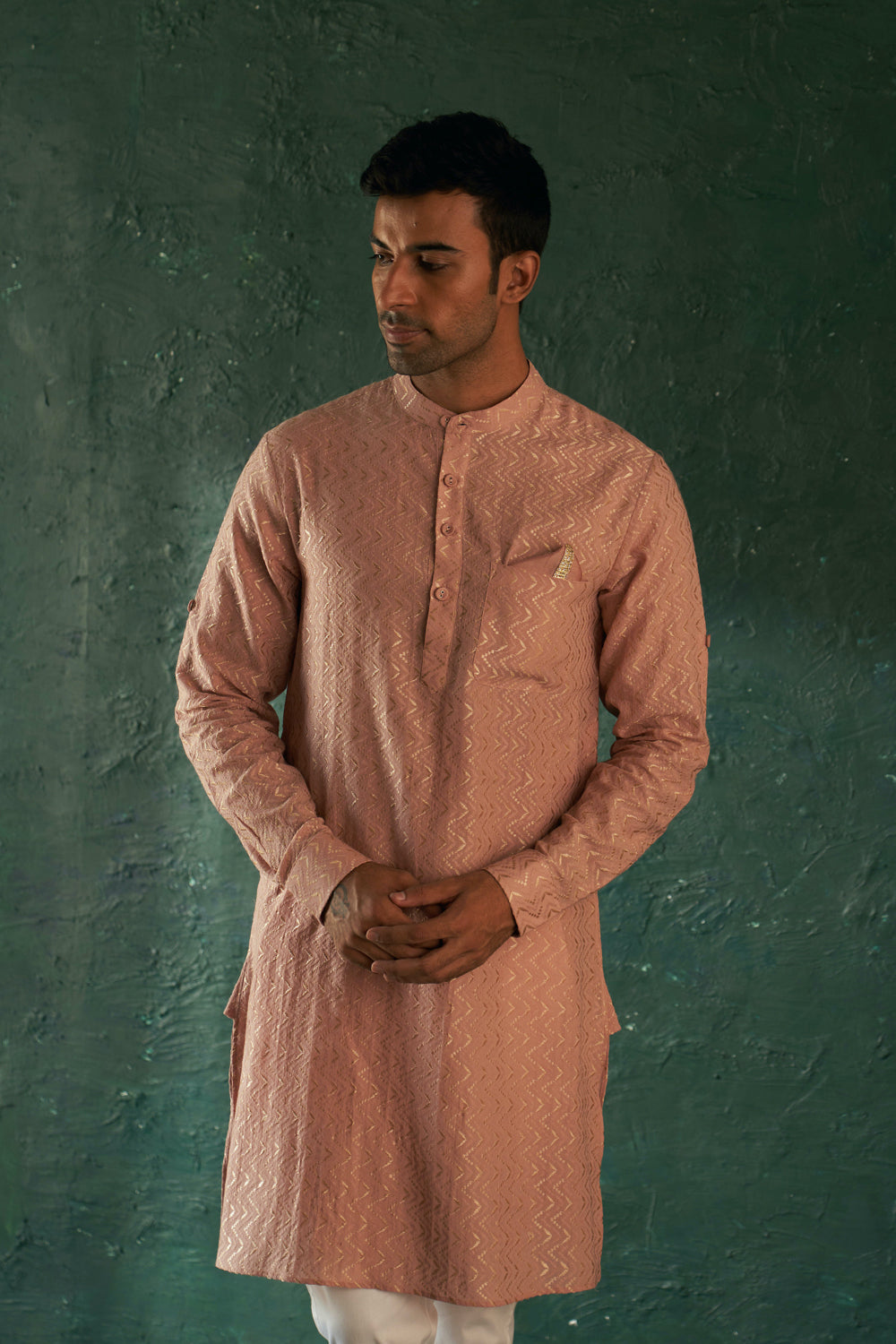 Midas Old Rose Chevron Embroidered Kurta With Pant- Set Of 2