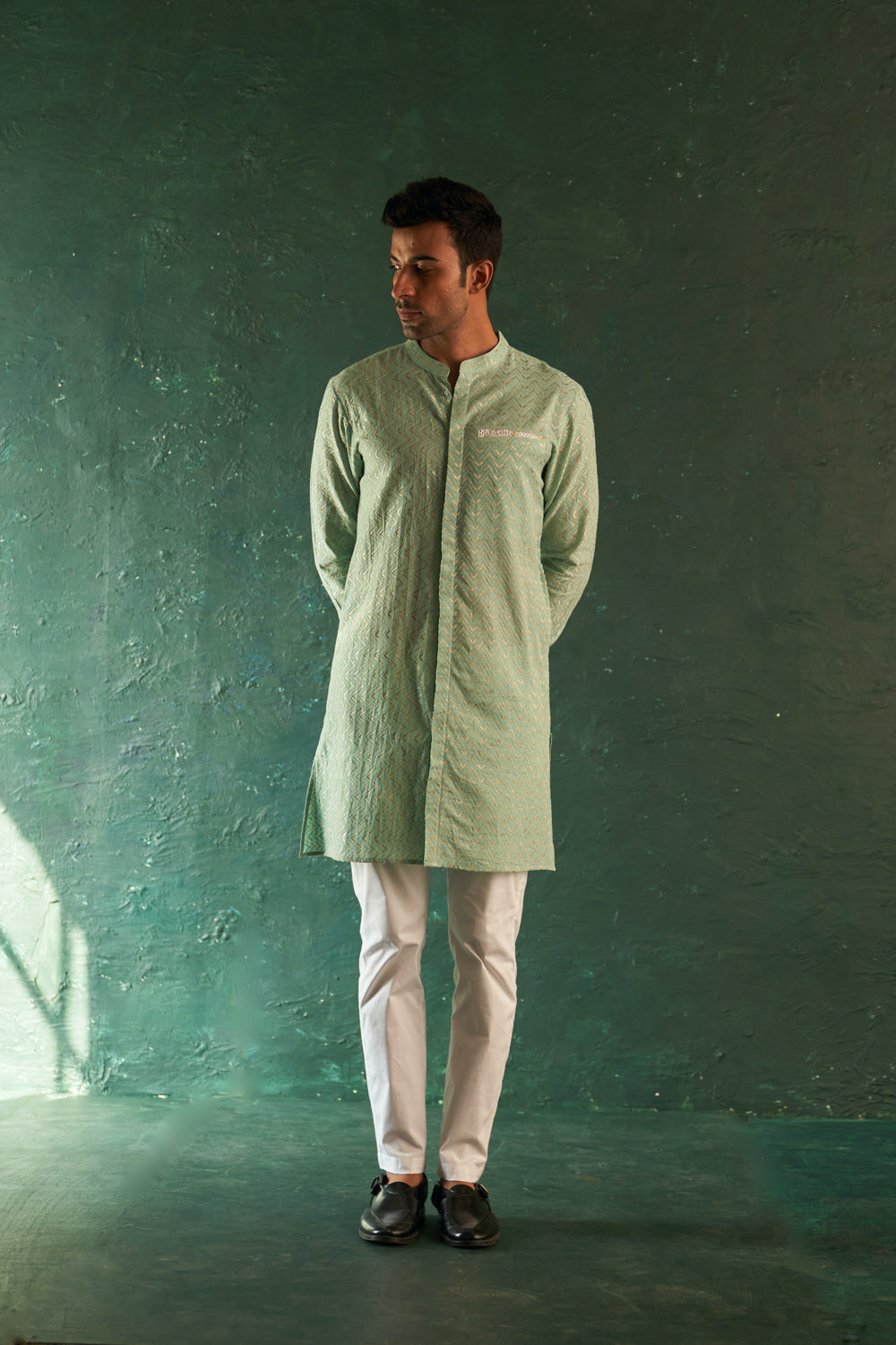 Midas Aqua Green Chevron Kurta With Pant- Set Of 2