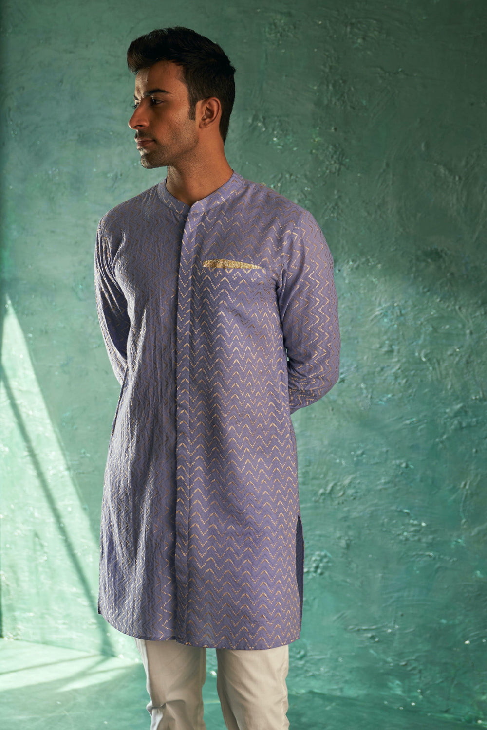 Midas Lavender Chevron Front Placket Kurta With Pant- Set Of 2