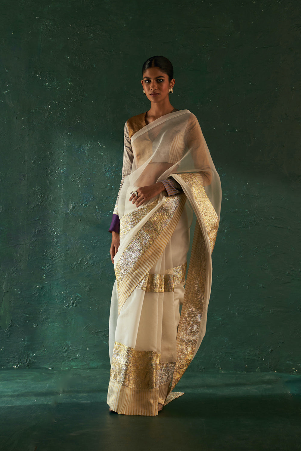 Midas Ivory Saree With Tissue Blouse & Blazer- Set Of 3