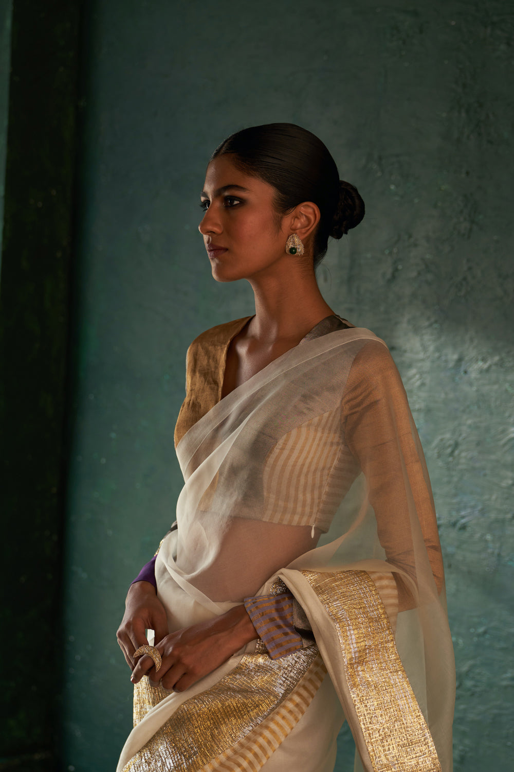 Midas Ivory Saree With Tissue Blouse- Set Of 2