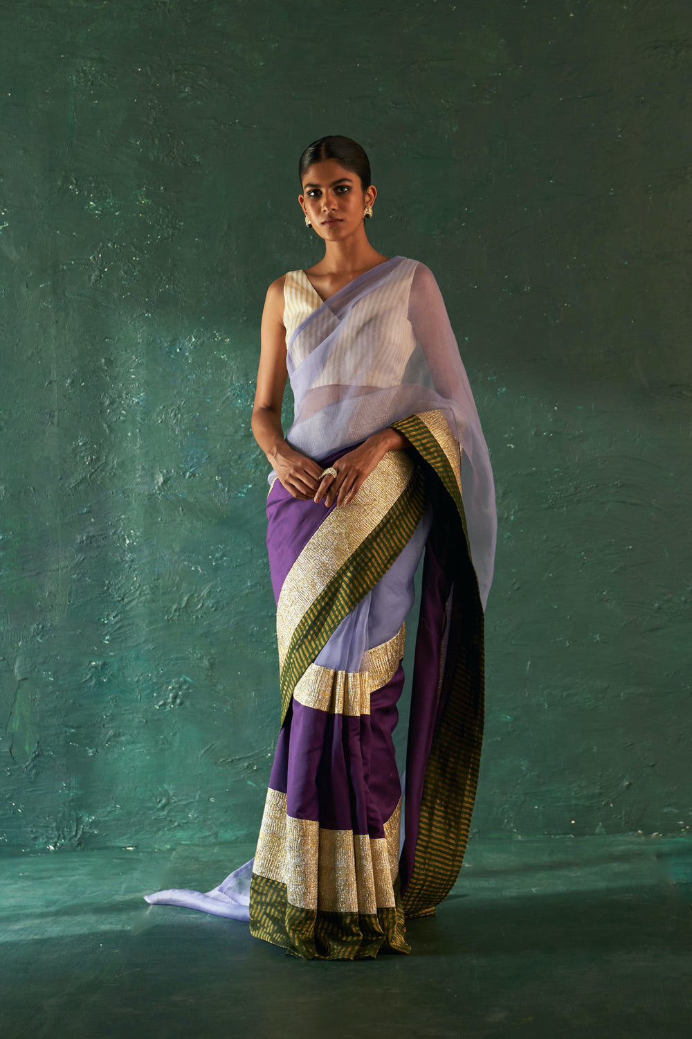 Midas Purple Saree With Ivory Tissue Stripe Blouse- Set Of 2