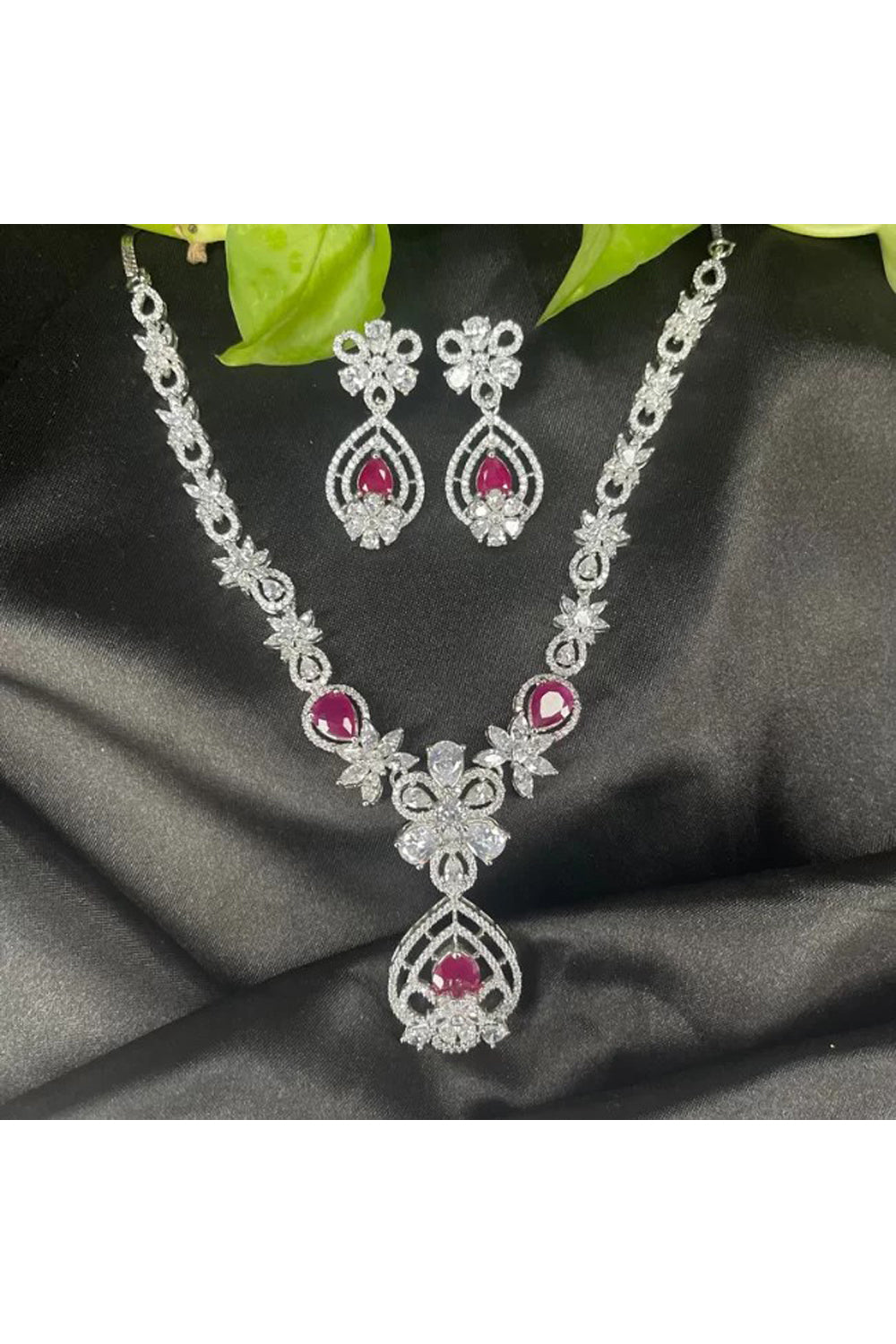 Elegant American Diamond Necklace Set With Ruby Stone - Auraya Fashion - Putstyle - #tag1# - #tag2# - #tag3# - #tag3#