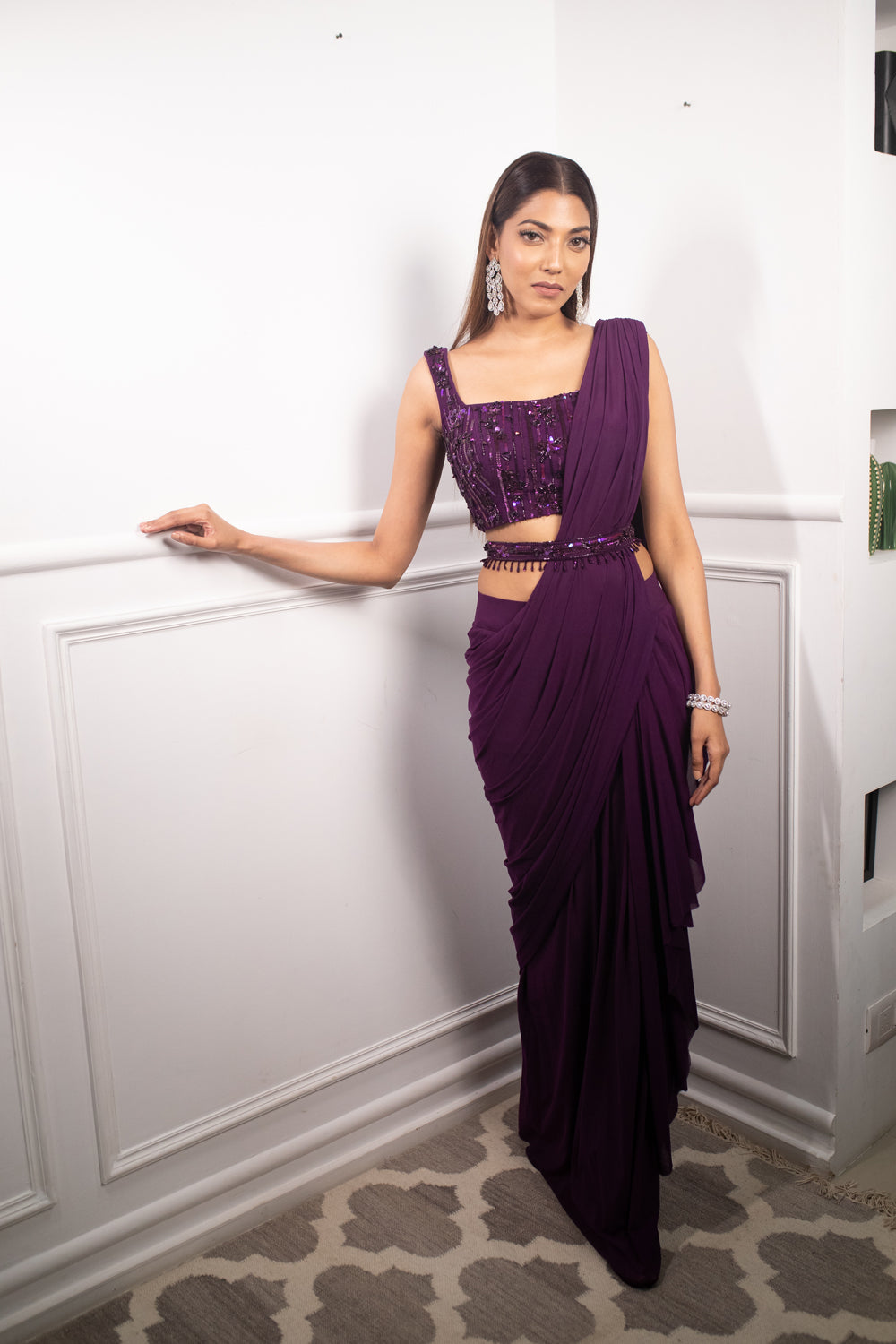 Deep Aubergine Drape Saree - Auraya Fashion - Parul Gandhi Label - #tag1# - #tag2# - #tag3# - #tag3#