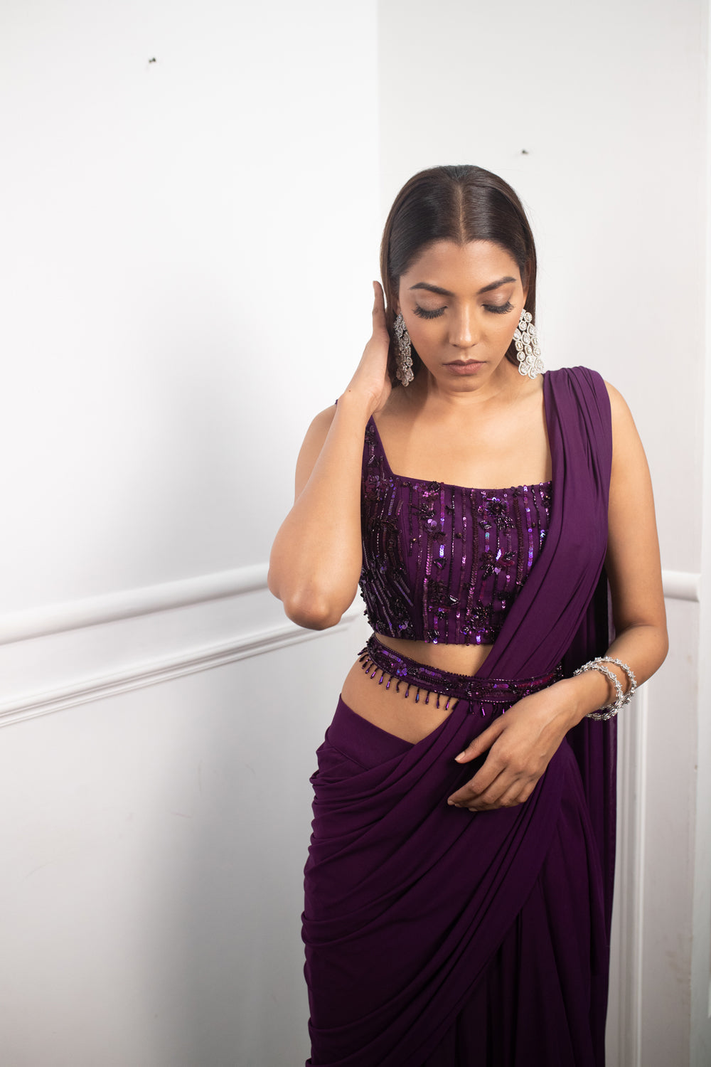 Deep Aubergine Drape Saree - Auraya Fashion -  - #tag1# - #tag2# - #tag3# - #tag3#