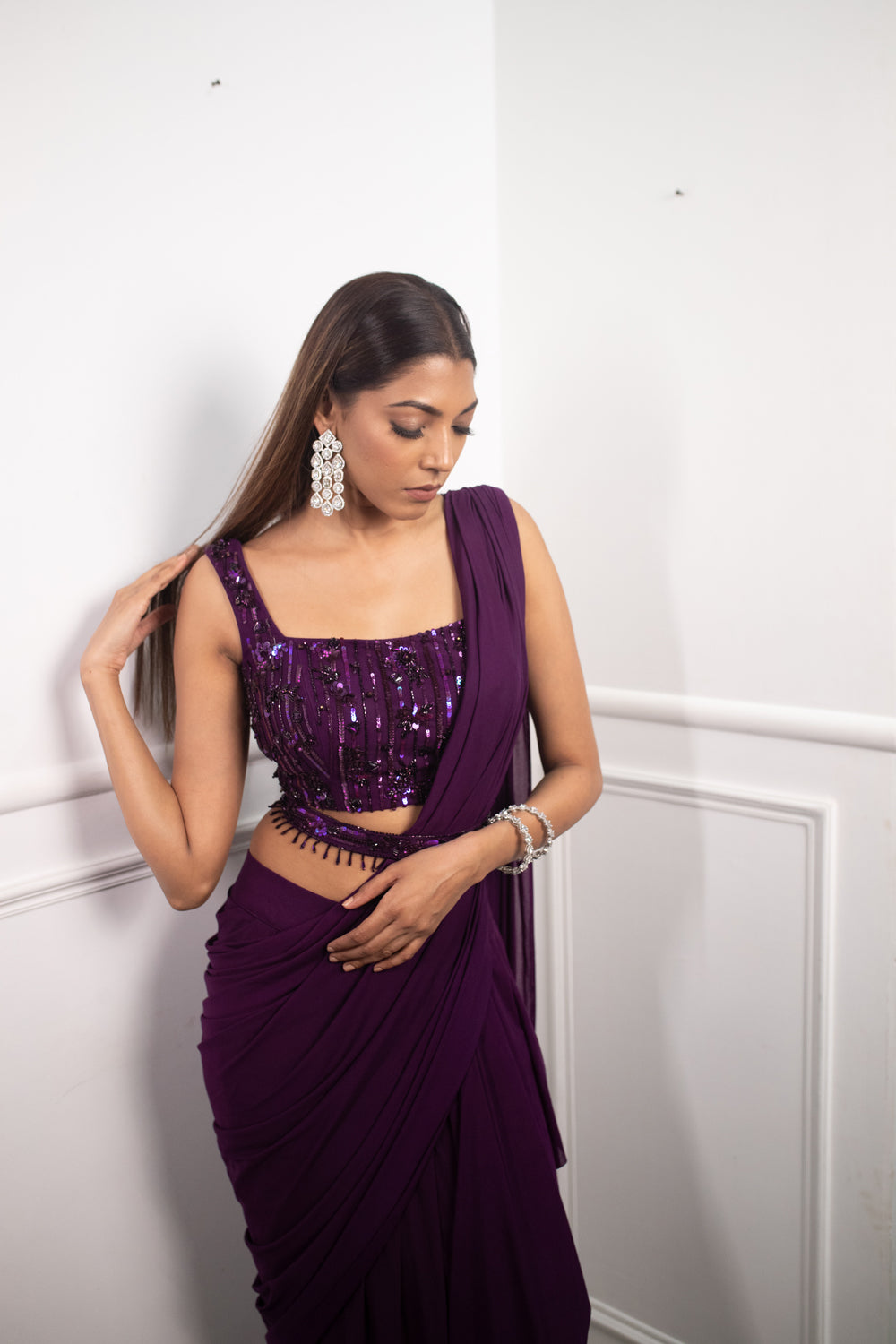 Deep Aubergine Drape Saree - Auraya Fashion -  - #tag1# - #tag2# - #tag3# - #tag3#