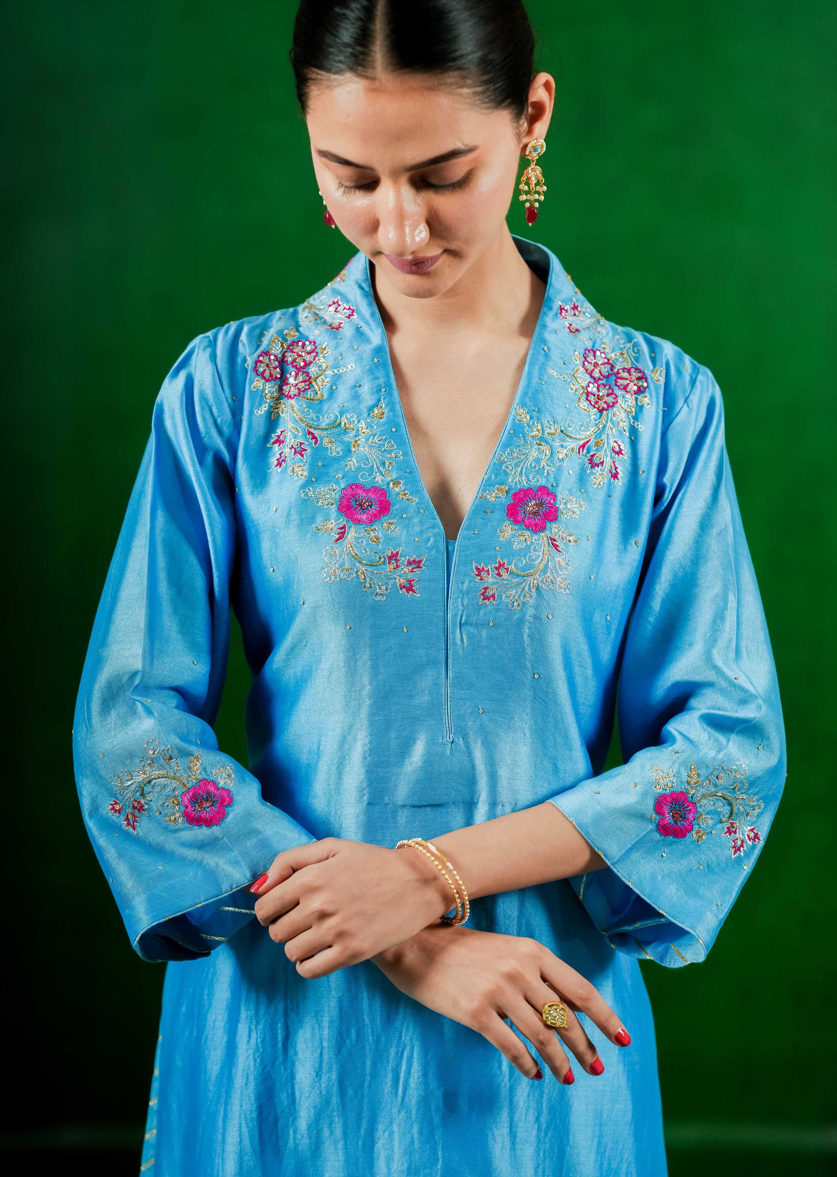 Silk  Chanderi Suit with Orgnza Dupta Hand Embrodiray