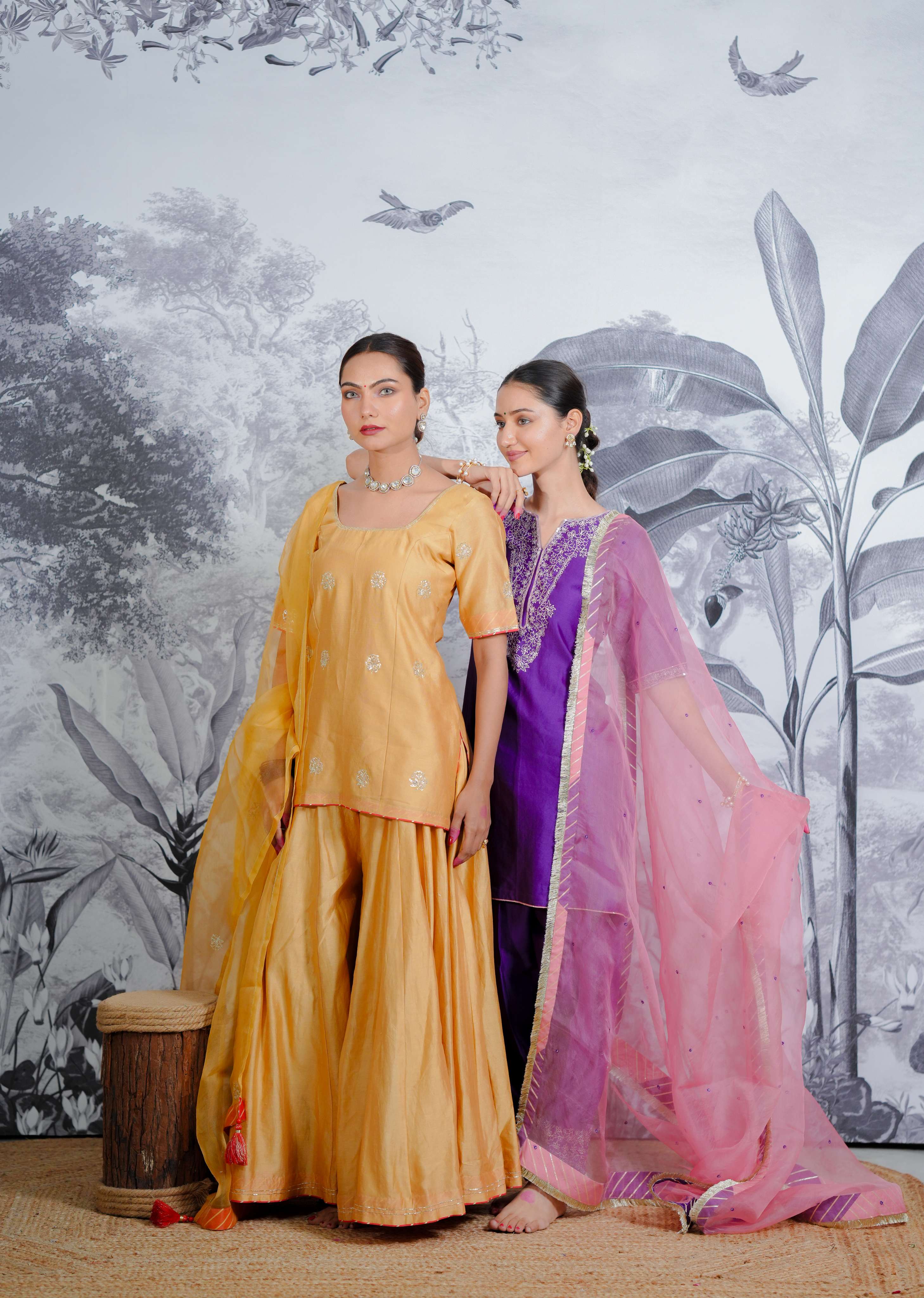 Chanderi Silk Sarara Set with Orgnza Duptta Pithon Work Detail with Gotta Work