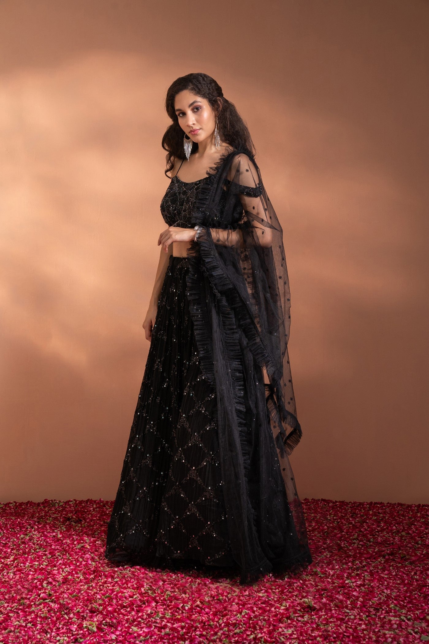 Caviar Black Sequenced Lehenga Set in Net & Satin