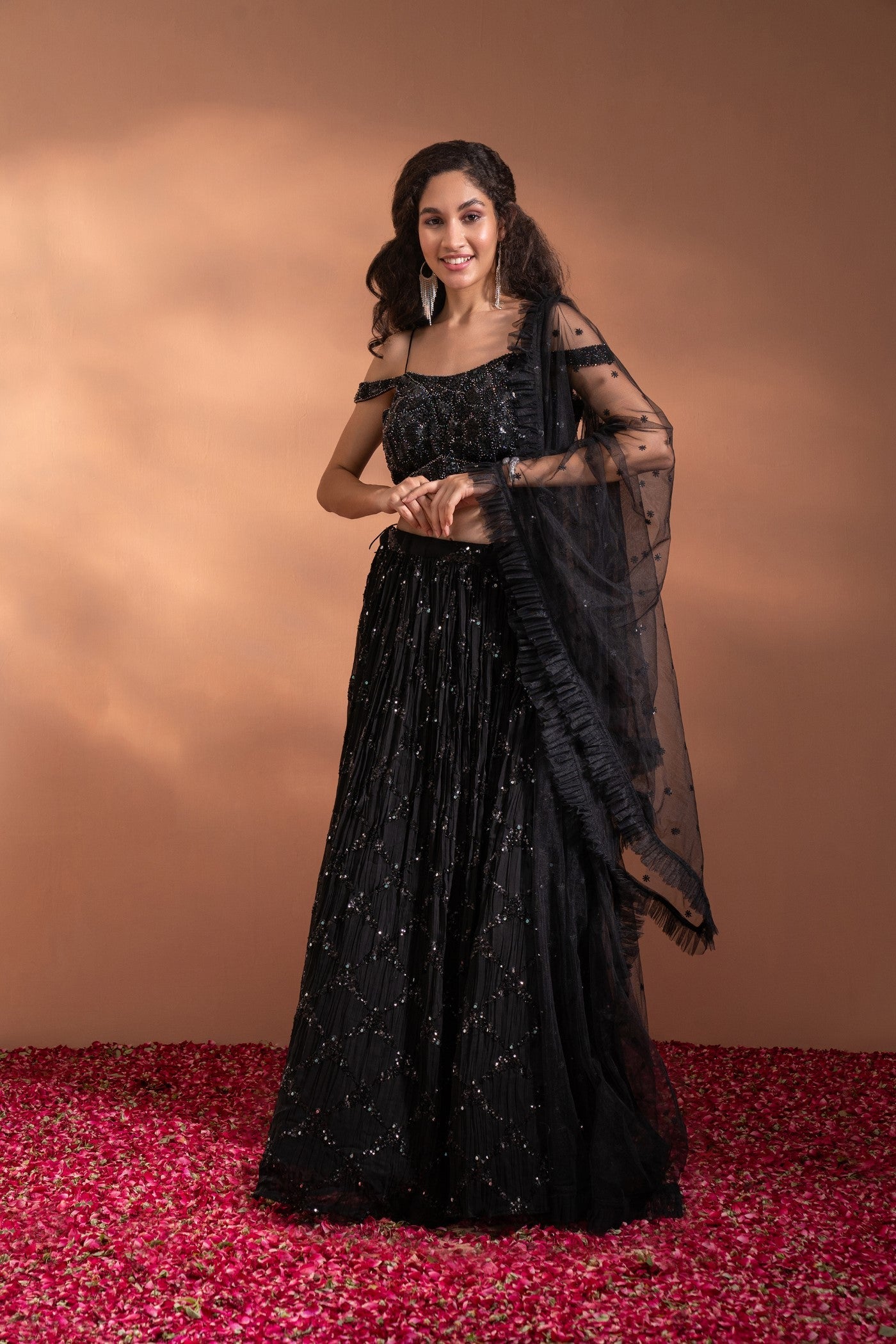 Caviar Black Sequenced Lehenga Set in Net & Satin