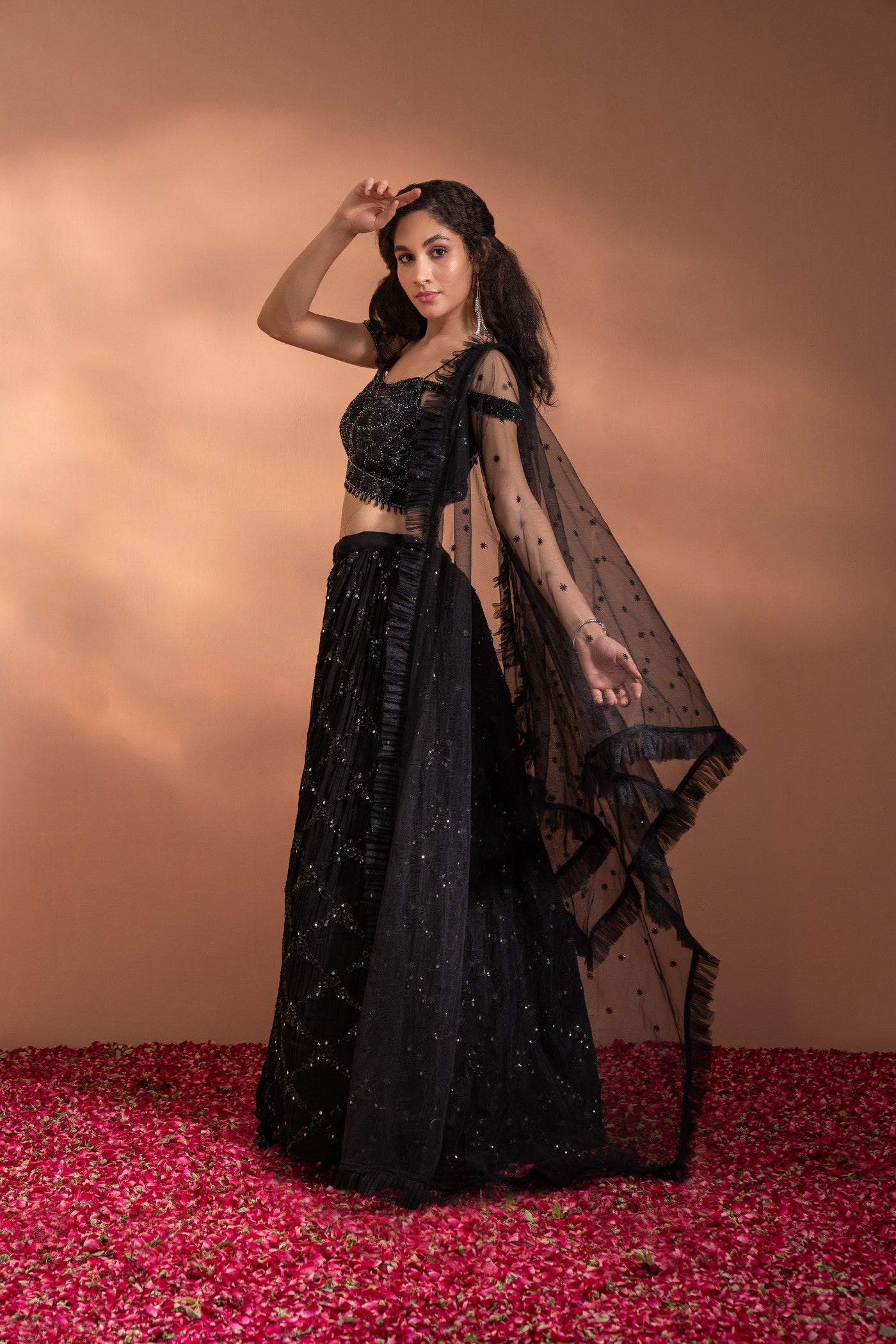 Caviar Black Sequenced Lehenga Set in Net & Satin