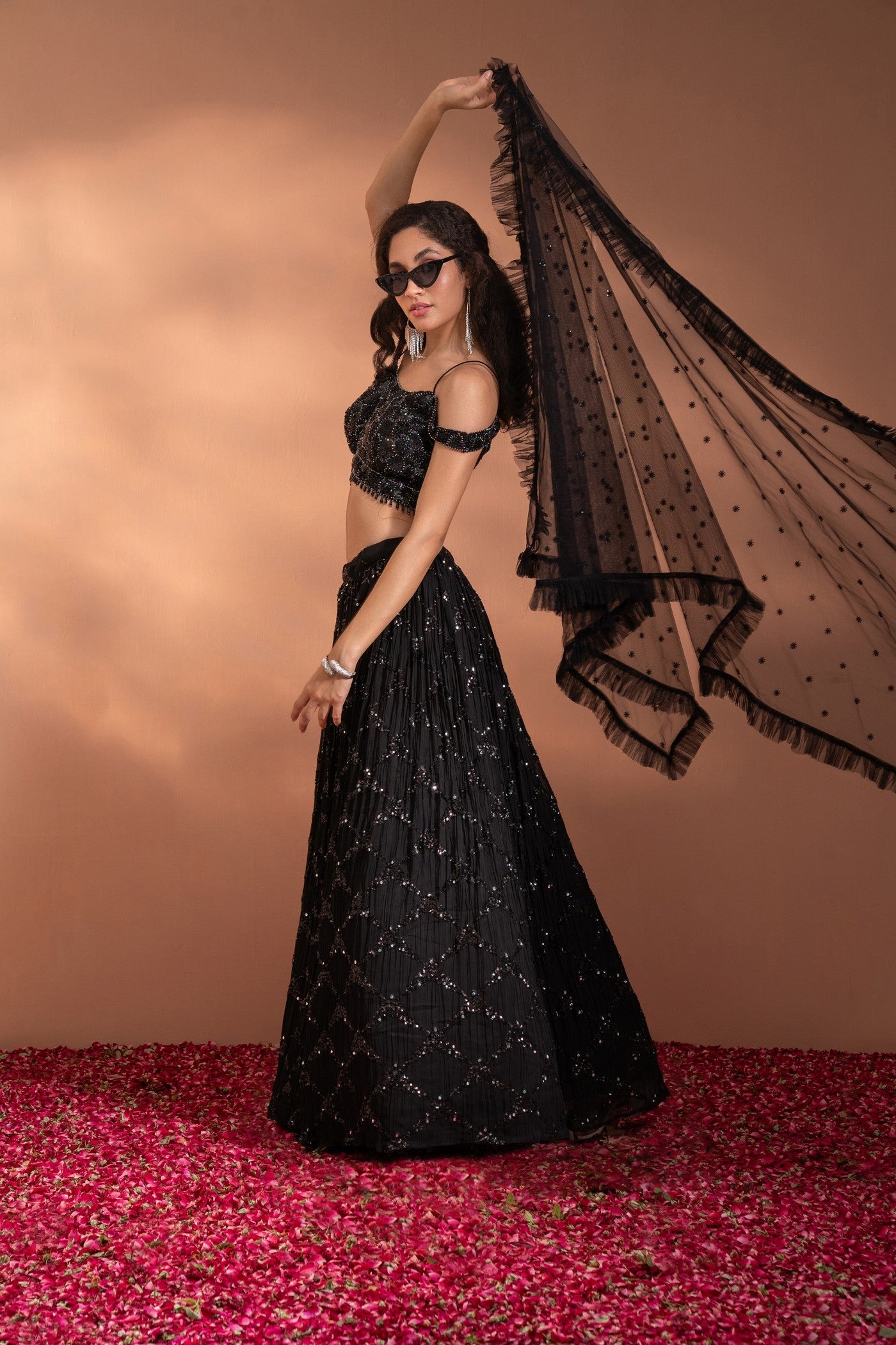 Caviar Black Sequenced Lehenga Set in Net & Satin