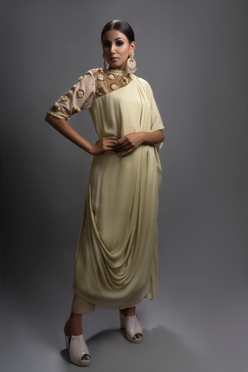 Riyadh Drape Tunic Paired With Jute Pants. - Auraya Fashion -  - #tag1# - #tag2# - #tag3# - #tag3#