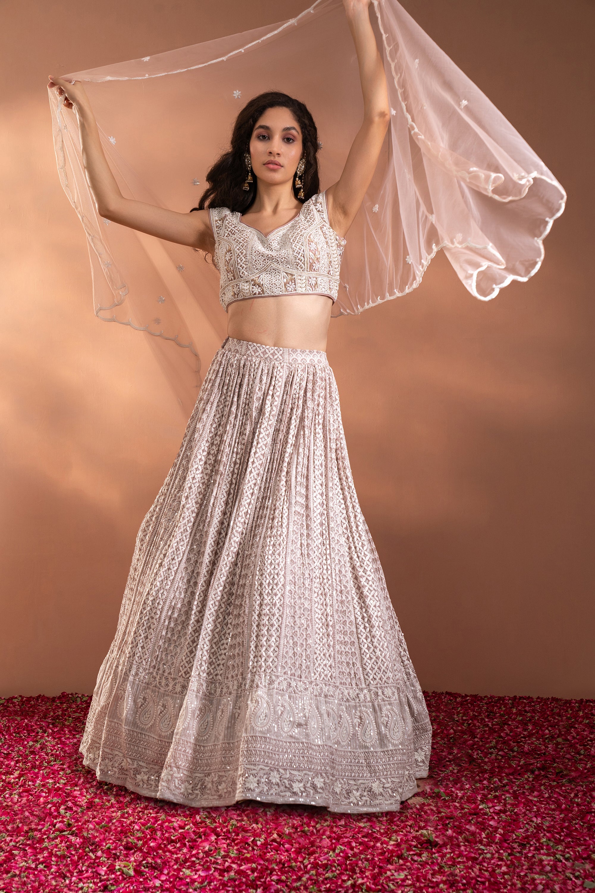 Nude Pink Lehenga Set in Net & Satin.